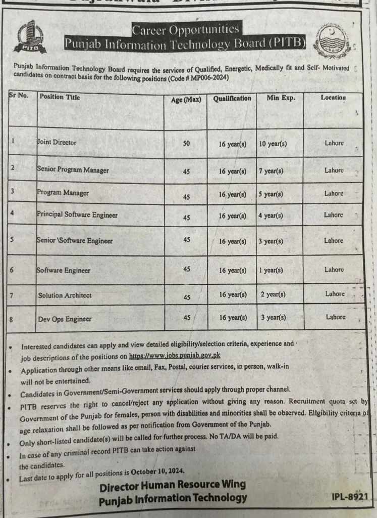 Pakistan Information Technology Board (PITB) Jobs