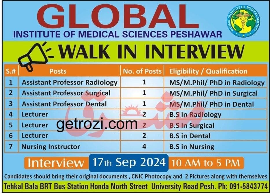 Global Institute Of Medical Sciences Peshawar Jobs 2024