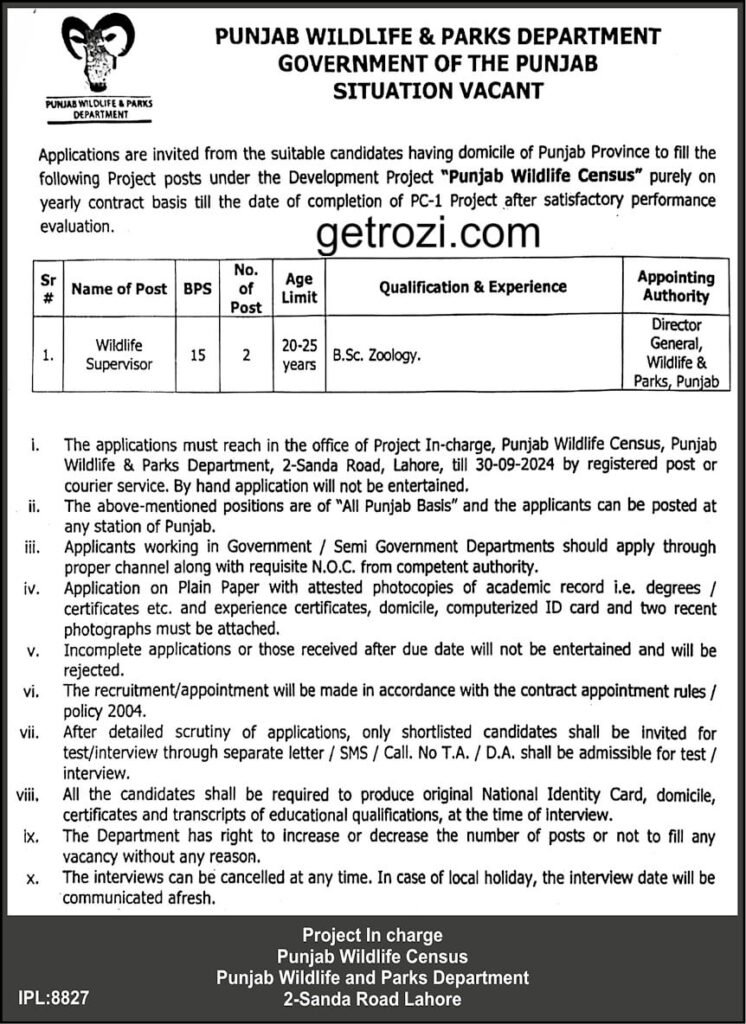 Punjab Wildlife & Parks Department Jobs 2024