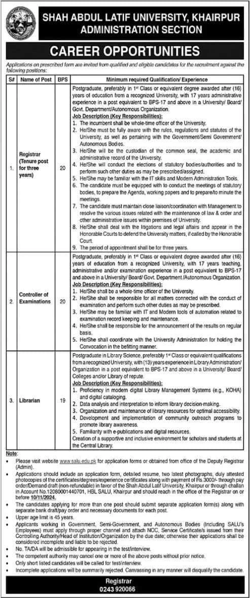 Shah Abdul Latif University Khairpur Jobs 2024 Apply Online