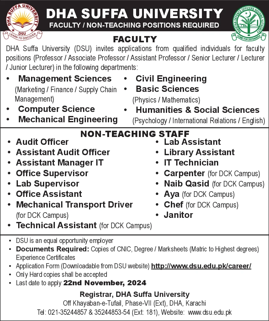 DHA Suffa University Karachi DSU Jobs 2024