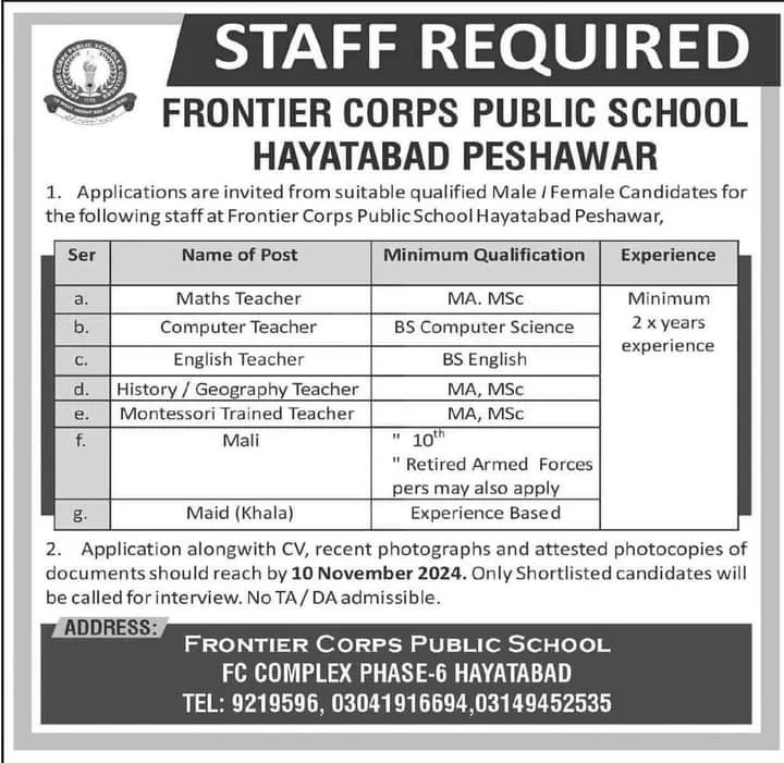 Frontier Corps Public School Hayatabad Jobs 2024