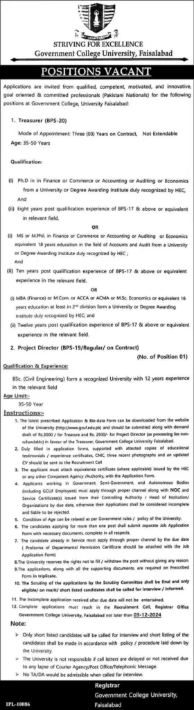 Government College University Faisalabad Jobs 2024