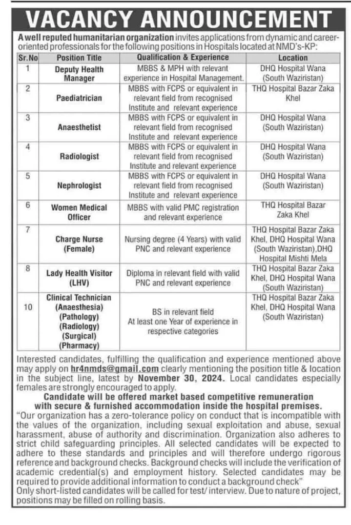 Humanitarian Organization KPK Jobs 2024