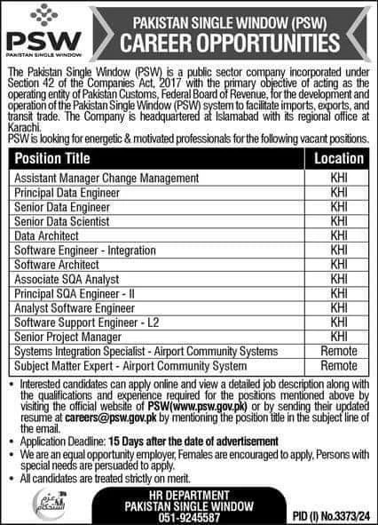 Pakistan Single Window PSW Jobs 2024