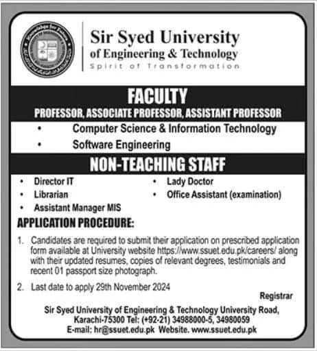 Sir Syed University of Engineering & Technology Karachi Jobs