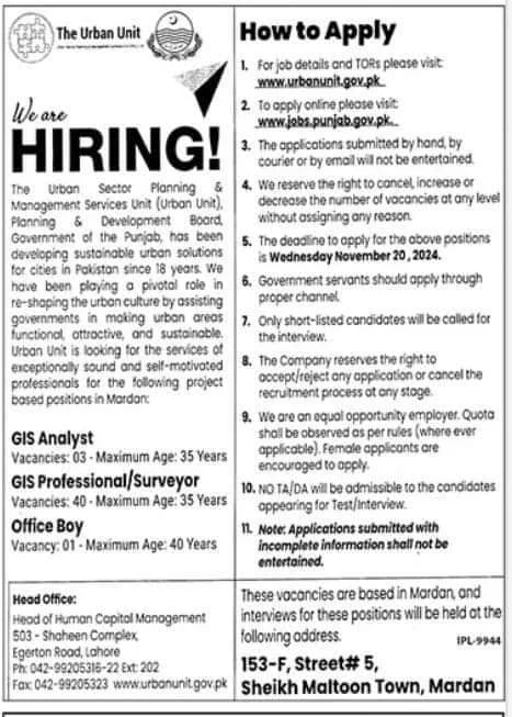 Urban Unit Punjab Jobs 2024